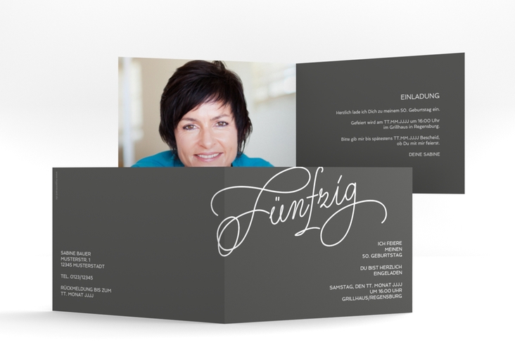 Einladung 50. Geburtstag Schwungvoll A6 Klappkarte quer grau