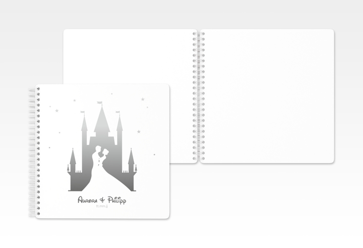 Gästebuch Hochzeit Castle Ringbindung grau mit Silhouette von Märchenschloss mit Prinz und Prinzessin