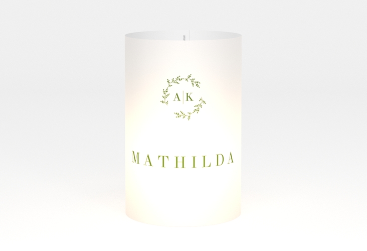 Windlicht Hochzeit Filigrana Windlicht gruen in reduziertem Design mit Initialen und zartem Blätterkranz
