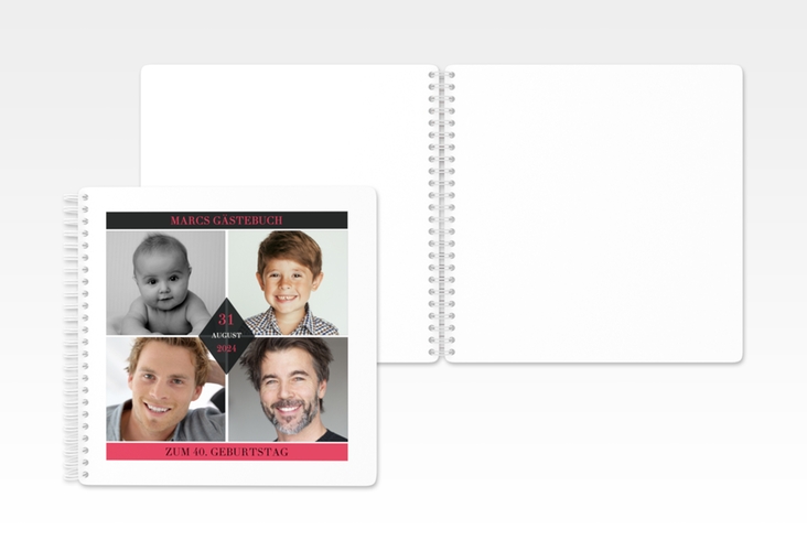 Gästebuch Geburtstag Rhombus Ringbindung rot modern mit vier Fotos