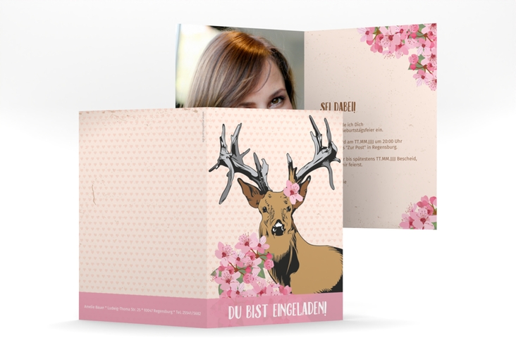 Einladung 30. Geburtstag Platzhirsch A6 Klappkarte hoch rosa