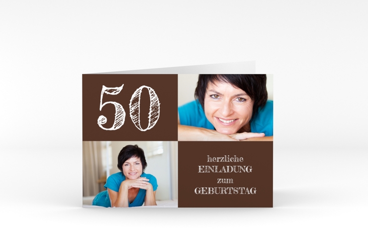 Einladung 50. Geburtstag Lebensfreude A6 Klappkarte quer braun hochglanz