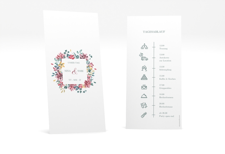 Tagesablauf Hochzeit Blumenliebe lange Karte hoch weiss mit Rahmen aus bunten Blütenblättern