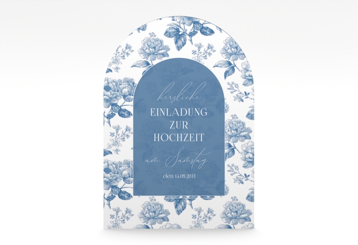 Einladungskarte Hochzeit Blue Floral A6 Bogen-Klappkarte + Foto blau mit blauem Blumenmuster auf weißem Grund