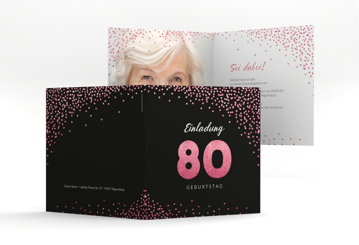 Einladung 80. Geburtstag Glitzer quadr. Klappkarte pink