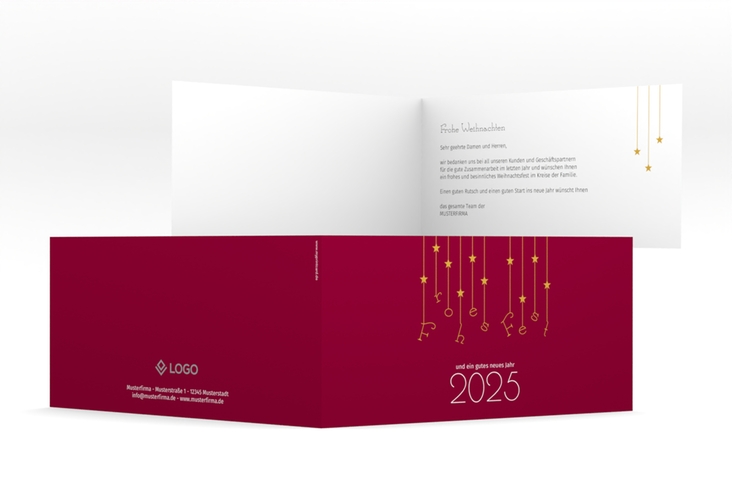 Geschäftliche Weihnachtskarte Windspiel lange Klappkarte quer rot hochglanz schlicht mit Sternchen-Girlande und Jahreszahl