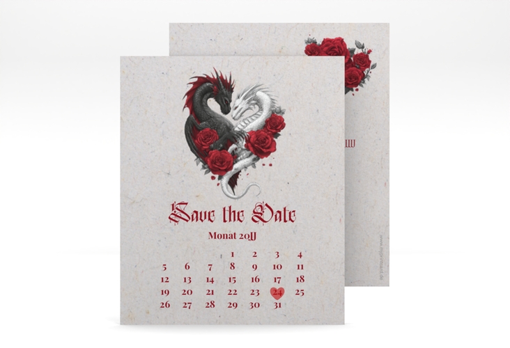 Save the Date-Kalenderblatt Drachenliebe Kalenderblatt-Karte grau hochglanz mit schwarzem und weißem Drachen zu einem Herz verschlungen