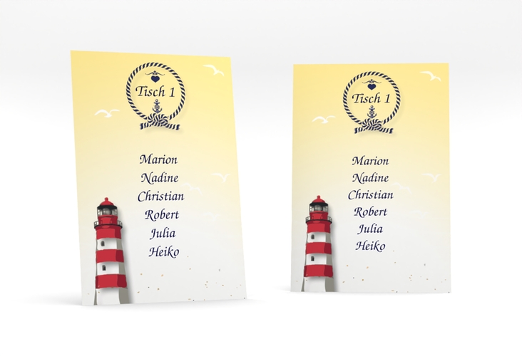 Tischaufsteller Hochzeit Sylt Tischaufsteller gelb mit Leuchtturm