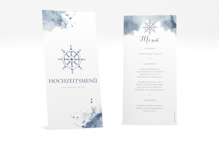 Menükarte Hochzeit Steuerrad lange Karte hoch blau in maritimen Blautönen