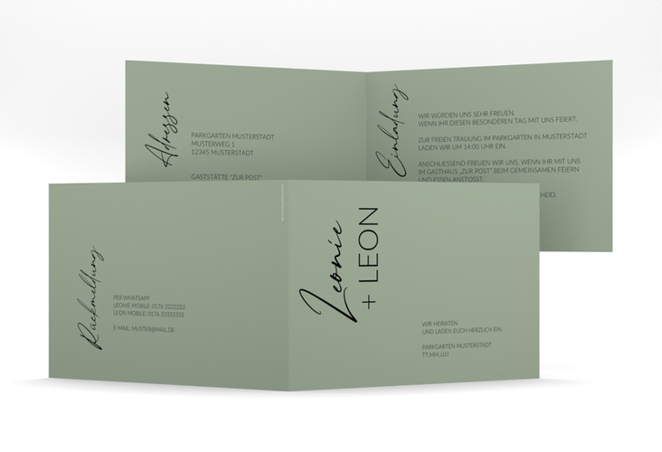 Hochzeitseinladung Your Name mittlere Klappkarte quer gruen hochglanz