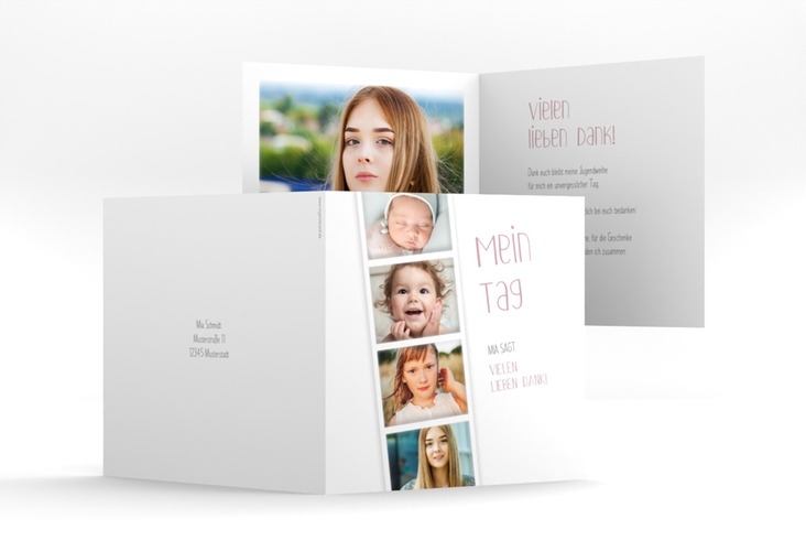 Danksagungskarte Jugendweihe Photostrip quadr. Klappkarte rosa