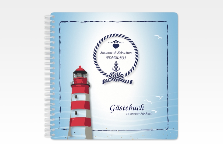 Gästebuch Hochzeit Sylt Ringbindung blau mit Leuchtturm