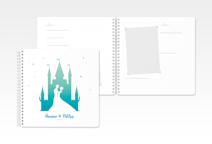 Gästebuch Hochzeit Castle Ringbindung tuerkis mit Silhouette von Märchenschloss mit Prinz und Prinzessin