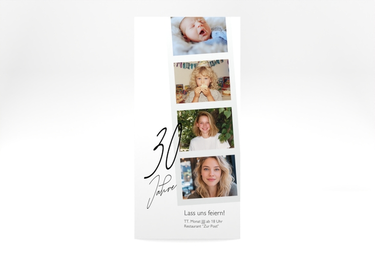 Einladung 30. Geburtstag Fotostreifen lange Karte hoch weiss