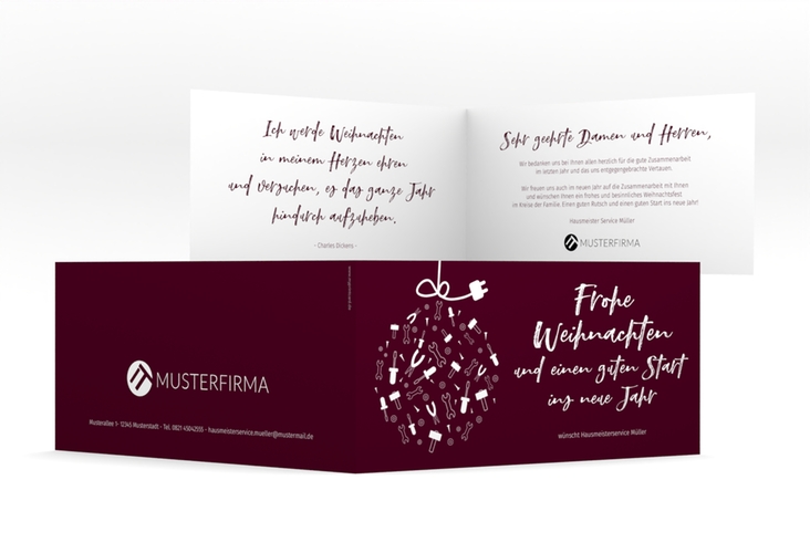 Business-Weihnachtskarte Werkzeugkugel lange Klappkarte quer rot hochglanz mit Weihnachtskugel aus Werkzeugen