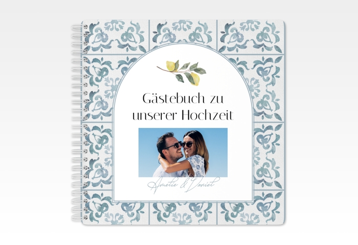 Gästebuch Hochzeit Azulejo Ringbindung mit mediterranem Azulejo-Muster und Zitronen