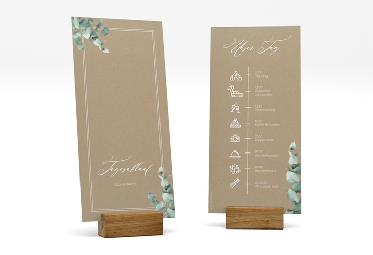 Tagesablauf Hochzeit Eucalypt lange Karte hoch Kraftpapier mit Eukalyptus und edlem Rahmen