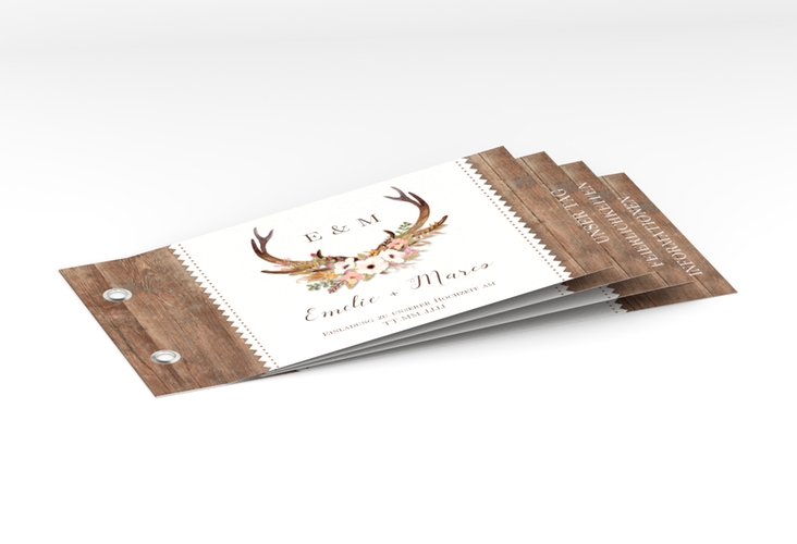 Hochzeitseinladung Heimatjuwel Booklet braun hochglanz mit Hirschgeweih und Holz-Hintergrund