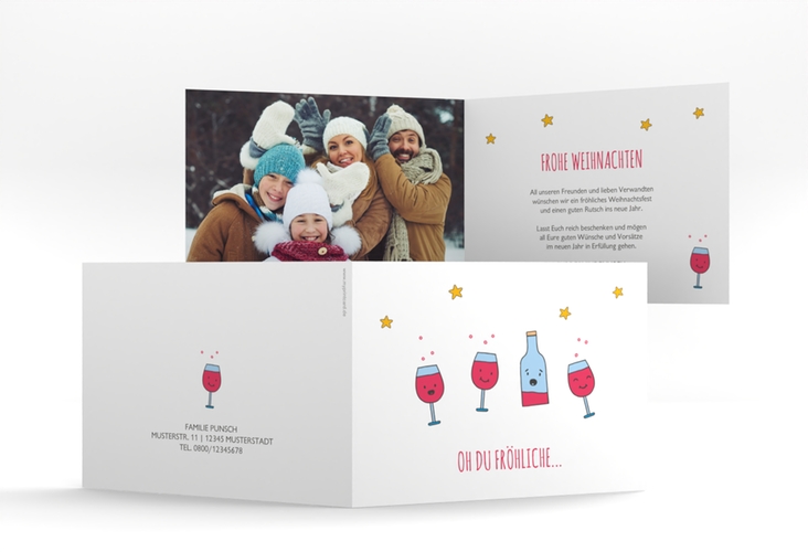 Weihnachtskarte Weihnachtspunsch A6 Klappkarte quer mit singenden Getränken im Cartoon-Stil