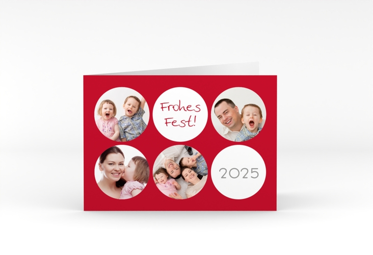 Weihnachtskarte Joy A6 Klappkarte quer rot hochglanz mit runden Fotos