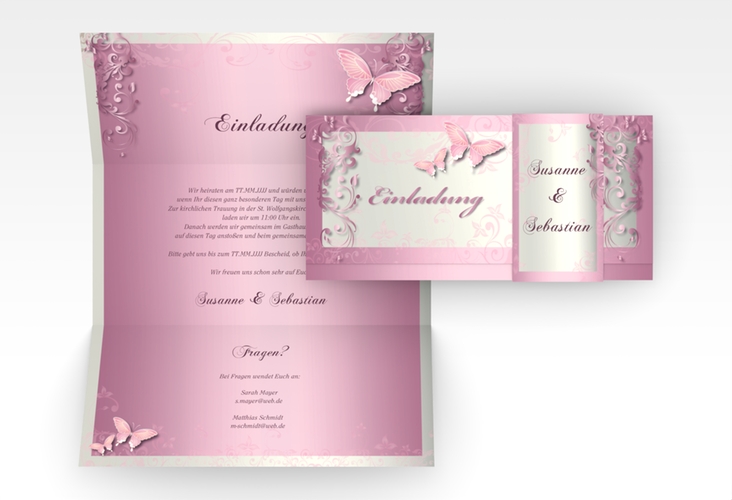Hochzeitseinladung Toulouse Wickelfalzkarte + Banderole rosa