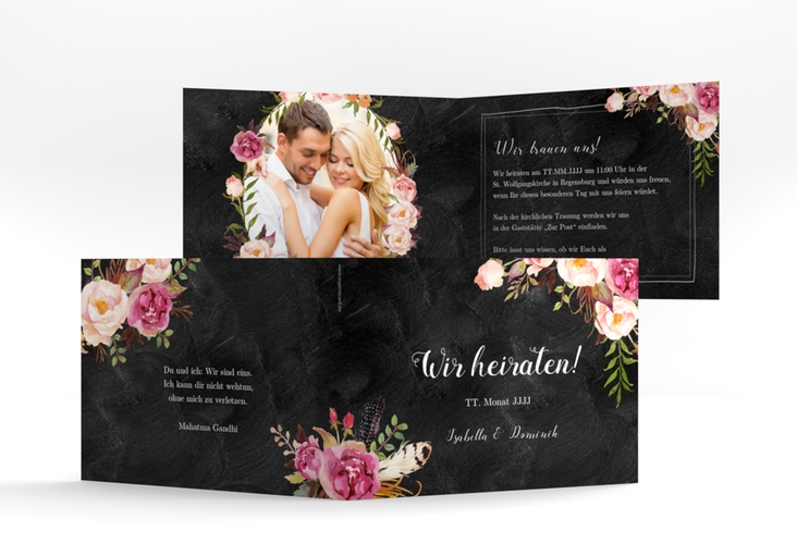 Hochzeitseinladung Flowers A6 Klappkarte quer schwarz hochglanz mit bunten Aquarell-Blumen