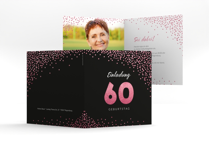 Einladung 60. Geburtstag Glitzer quadr. Klappkarte pink hochglanz