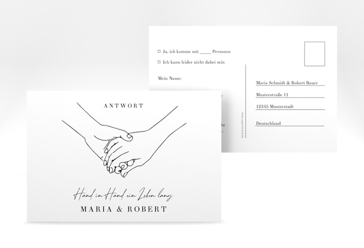 Antwortkarte Hochzeit Hands A6 Postkarte weiss mit sich haltenden Händen im Monoline-Stil