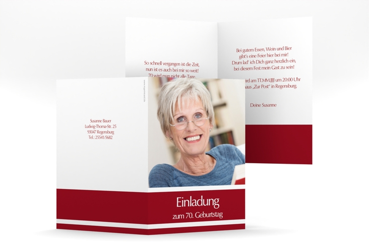 Einladung 70. Geburtstag Gerd/Gerda A6 Klappkarte hoch rot mit Foto