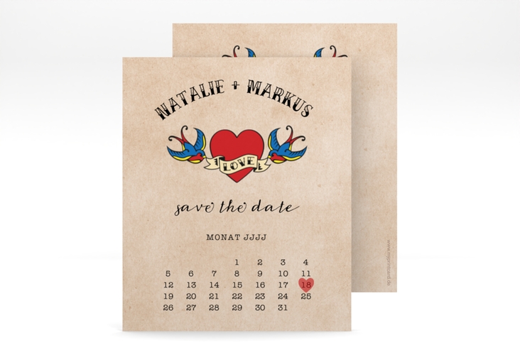 Save the Date-Kalenderblatt Tattoo Kalenderblatt-Karte beige mit Herz und zwei Schwalben
