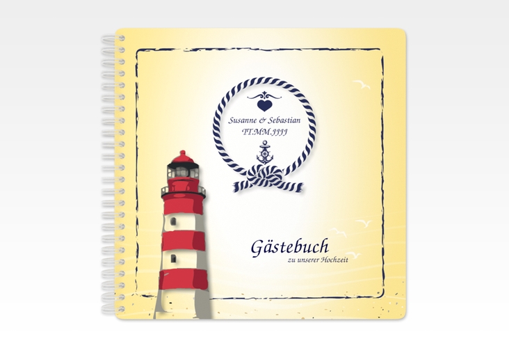 Gästebuch Hochzeit Sylt Ringbindung gelb mit Leuchtturm