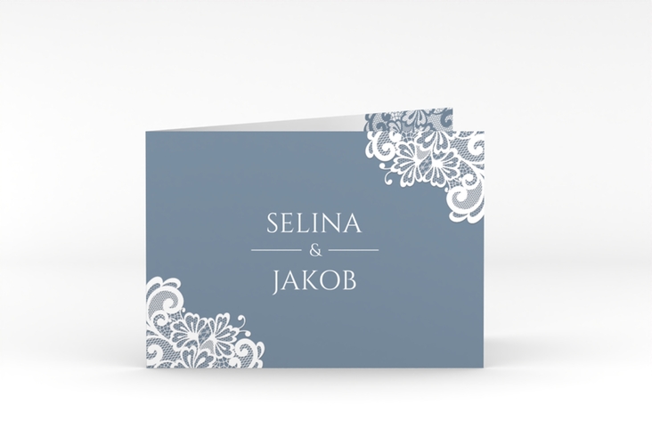 Dankeskarte Hochzeit Vintage A6 Klappkarte quer blau hochglanz mit floraler Spitze