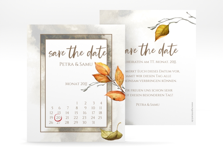 Save the Date-Kalenderblatt Herbst Kalenderblatt-Karte braun hochglanz mit orangefarbigem Herbstlaub in Aquarell
