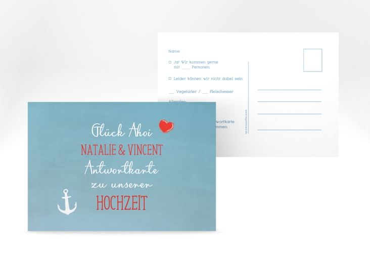 Antwortkarte Hochzeit Ehehafen A6 Postkarte blau hochglanz
