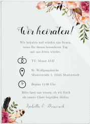 Acryl-Hochzeitseinladung Flowers Acrylkarte hoch rosa mit bunten Aquarell-Blumen