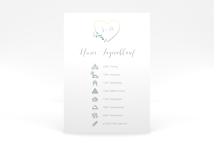 Tagesablauf Poster Hochzeit Greenheart 50 x 70 cm Poster mit elegantem Herz und Eukalyptus-Zweig