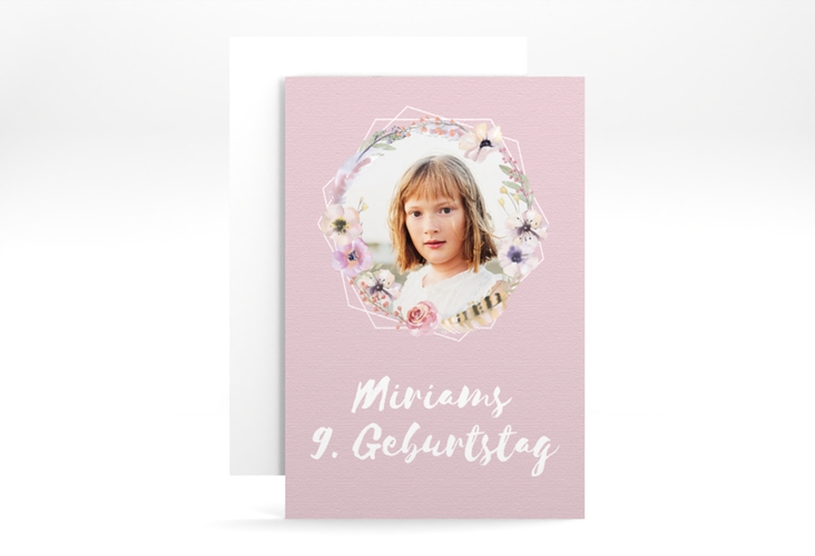 Einladungskarte Kindergeburtstag Blumenzauber A6 Karte hoch mit Foto und zarten Blüten
