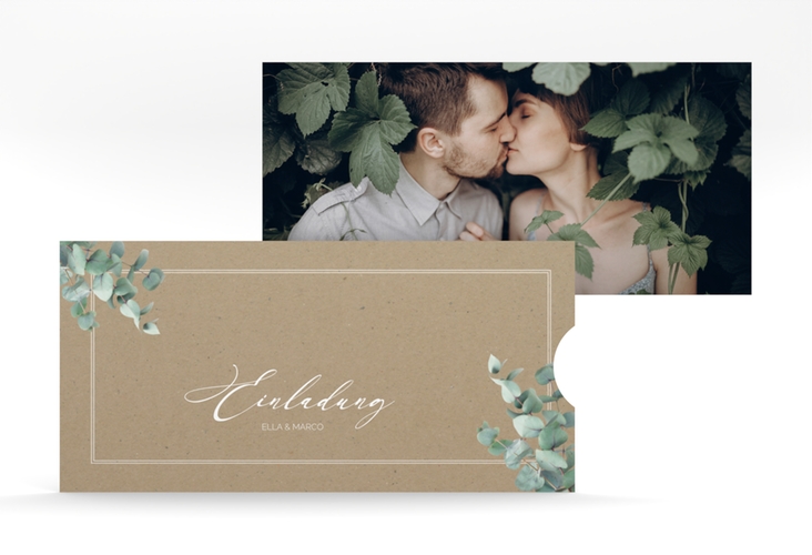 Hochzeitseinladung Eucalypt Einsteckkarte Kraftpapier hochglanz mit Eukalyptus und edlem Rahmen