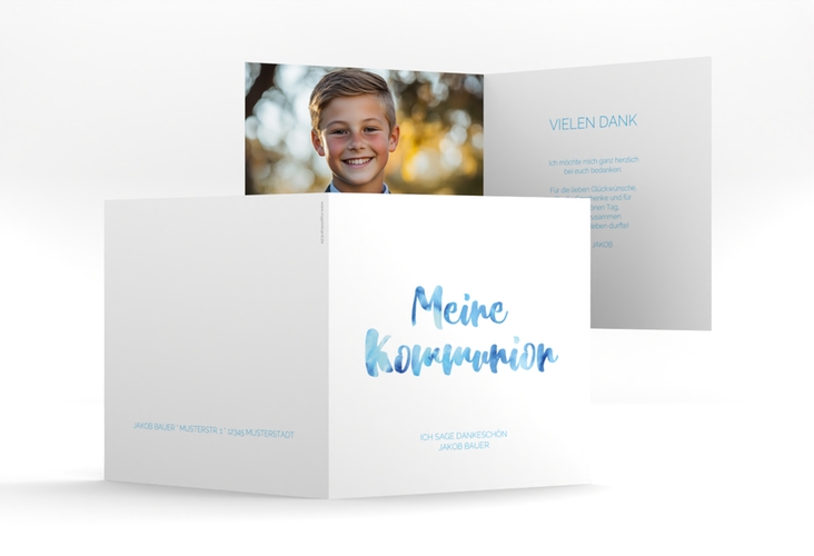 Danksagung Kommunion Flora quadr. Klappkarte blau hochglanz