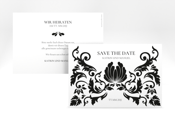 Save the Date-Karte Royal A6 Karte quer weiss mit barockem Blumen-Ornament