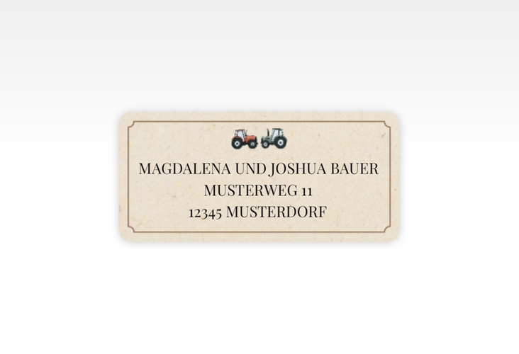 Absenderetikett Hochzeit Bauernhochzeit 45,7 x 21,2 mm beige in rustikaler Holz-Optik mit Schleierkraut und zwei kleinen Traktoren