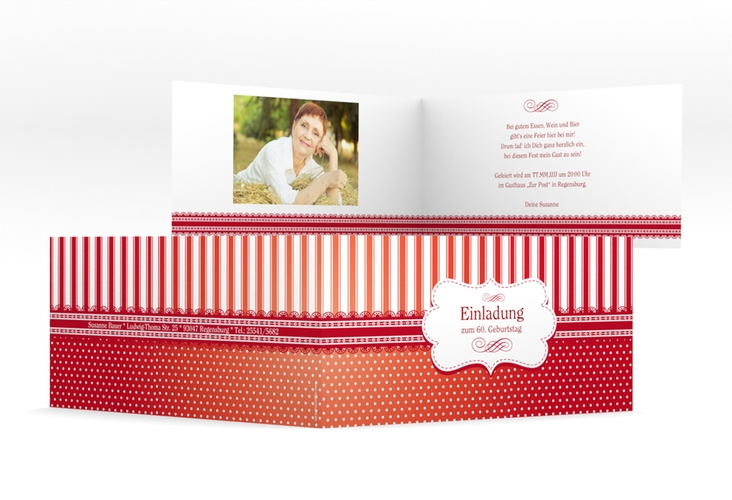 Einladung 60. Geburtstag Heinrich/Henriette lange Klappkarte quer rot hochglanz mit frechen Polka Dots