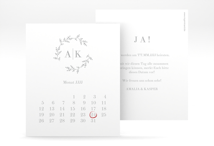 Save the Date-Kalenderblatt Filigrana Kalenderblatt-Karte grau hochglanz in reduziertem Design mit Initialen und zartem Blätterkranz