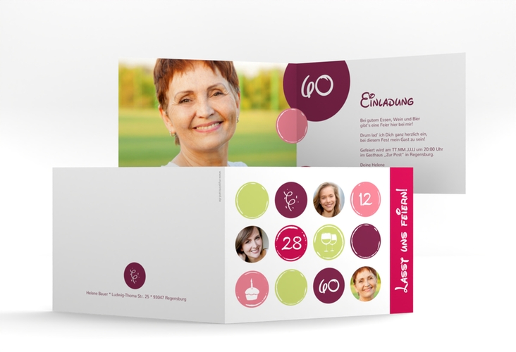 Einladung 60. Geburtstag Circles A6 Klappkarte quer pink