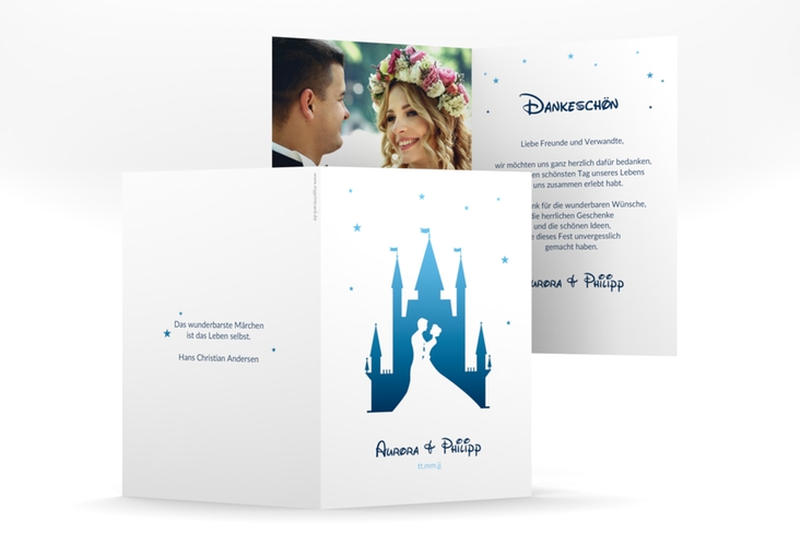 Danksagungskarte Hochzeit Castle A6 Klappkarte hoch blau hochglanz