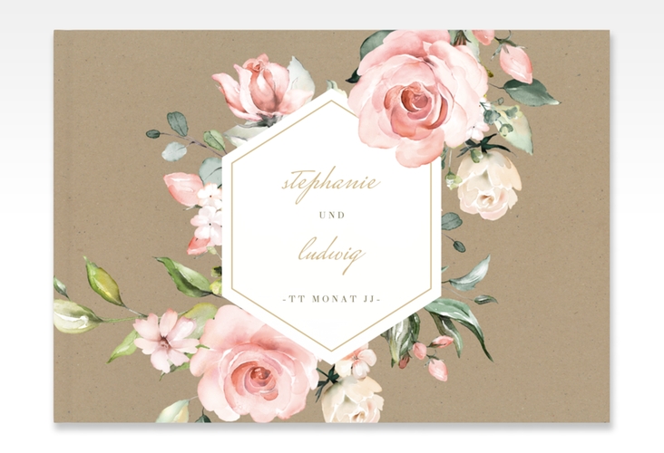 Gästebuch A4 quer Graceful A4 quer, Hardcover Kraftpapier mit Rosenblüten in Rosa und Weiß