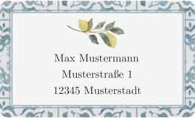 Klick: Details zu Empfängeretikett Hochzeit "Azulejo" anzeigen Empfängeretikett Hochzeit Azulejo 63,5 x 38,1 mm blau mit mediterranem Azulejo-Muster und Zitronen