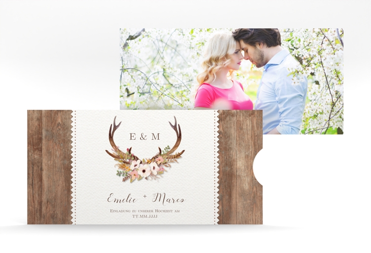 Hochzeitseinladung Heimatjuwel Einsteckkarte braun mit Hirschgeweih und Holz-Hintergrund