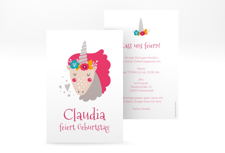 Einladungskarte Kindergeburtstag Pink A6 Karte hoch mit Einhörnern