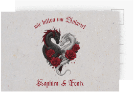 Antwortkarte Hochzeit Drachenliebe A6 Postkarte grau mit schwarzem und weißem Drachen zu einem Herz verschlungen